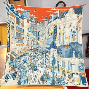 Sarongs Manual Hand Rolled Silk Scarf Women City Print Square Scarves Wraps Echarpes Curled Foulard Femme Bandana Hijabs 90CM 230508