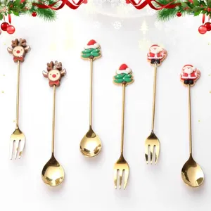 Colheres de café de aço inoxidável colher de natal garfo conjunto dos desenhos animados papai noel elk árvore sobremesa festa de natal ano talheres decoração