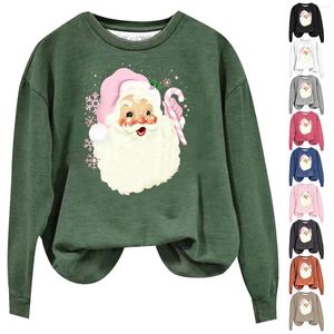 Hoodies femininos santa personagem dos desenhos animados alfabeto impresso manga longa tripulação pescoço moletom júnior vintage camisola leve das mulheres