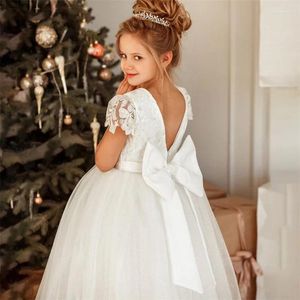 Girl Dresses Lace Flower Dress White Short Sleeve V-back Ball Gown Tulle Puffy With Bow Kids Birthday Party First Communion