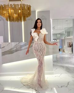 Sexy Mermaid Evening Dresses Sleeveless V Neck Straps Beaded Appliques Sequins Floor Length Pearls 3D Lace Hollow Prom Dress Formal Gown Plus Size Gowns Party Dress
