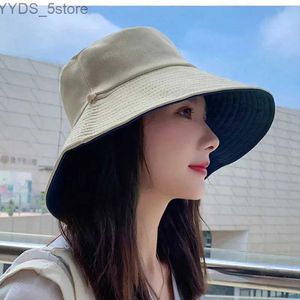 Breda randhattar hink hattar Nytt mode Big Brim Solid Color Double-Sided Wear Bucket Hatts For Women Män Bomull Handla utomhusresor Sun Hattar Bob Hat YQ231110