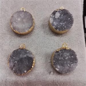 Necklace Earrings Set 2023 Natural Round Gray Grey Druzy Semi-precious Stone Charms Gold Color Frame Earring 18 Inches Women Daily Jewelry