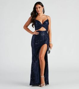 2024 Navy Blue Sequine Women Evening Party Dress Shinny V-neck Straps Cut Out Silt Mermaid Maxi Prom Formal Gowns Abendkleider Robe De Soiree