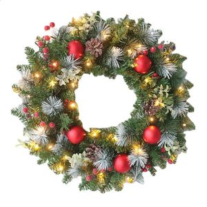 Decorative Flowers Wreaths 2050CM Led Christmas Wreath Artificial Pinecone Red Berry Garland Hanging Ornaments Front Door Wall Decoration Xmas Tree 231109