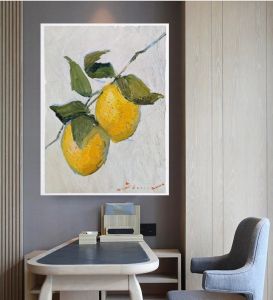Natura morta arte moderna, pittura a olio di albero di limone per cucina, sala da pranzo, pittura murale con frutta su tela, opere d'arte dipinte a mano