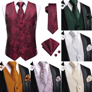 Men's Vests Hi-Tie Wine Red Tie Business Dress Silk Sleeveless Jacket 4PC Hanky Cufflink Paisley Suit Waistcoat Wedding Designer