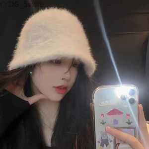 Wide Brim Hats Bucket Hats Rabbit hair fisherman hat for women Autumn-winter basin hat head round plush senior sense face small white bucket hat for women YQ231110