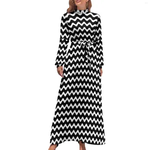 Casual Dresses Waves Dress High Neck Black and White Rands Custom Bohemia Long Sleeve Estetic Maxi Party Vestidos