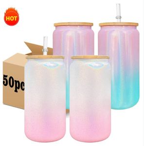 Sublimation 16oz Glitter Gradient Glass Can tumbler Creative Sequins shape Bottle with Lid and Straw Summer Drinkware Mason Jar Juice Cup FY5694