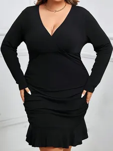 Plus Size Kleider Schwarz Trompete Mini Für Frauen V-ausschnitt Lange Ärmel Paket Hüfte Clubwear Party 3XL Büro Arbeit Casual Kleider