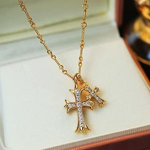 New Fashion Pendant Necklaces Double Cross Vintage Celtic Rhinestone Long Charm Necklace Fashion Choker For Women And Girls Gift Necklace Gold