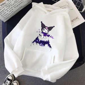 Autumn And Winter New Cartoon Kuromi Printed Hooded Pocket Sweater For Women's Korean Loose Casual Plush