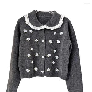 Damen Strick Miu Wind Grau Pullover Handgemacht 3D Blume Sweet Girl Strickmantel Wolltop Winter