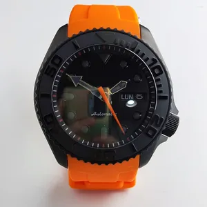 Relógios de pulso moda homens relógio de pulso mecânico 41.5mm preto fosco skx007 convexo safira vidro nh36 relógios à prova d'água pulseira laranja