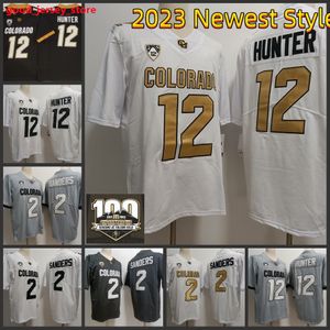 Maglia da calcio da uomo 12 Travis Hunter NCAA Colorado Buffaloes cucita 2023 Nuovo stile # 2 Shedeur Sanders Colorado 100esimo anniversario Patch maglie S-3XL BUONA