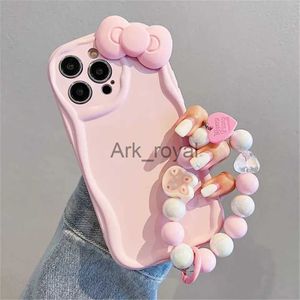 Mobiltelefonfodral söt 3d rosa bågblomma hänger runda armband kedja telefonfodral för iPhone 14 pro max 11 12 13 x xr xs max 7 8 plus godisomslag J231110