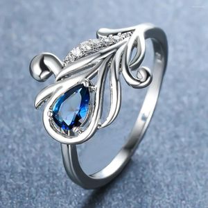 Cluster Rings Charm Leaf Design Teardrop Shape Sappire Blue Stone For Women Elegant Wedding Engagement Promise Cocktail Jewelry