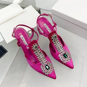 Senhoras do dedo do pé alto Retro de salto pontiagudo de cetim de cetim Sandálias de pedra de cetim Baotou Fairy Pump Wedding Shoes 2 13