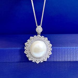 Flower Pearl Diamond Pendant 100% Real 925 Sterling Silver Party Wedding Pendants Necklace For Women Bridal Engagement Smycken