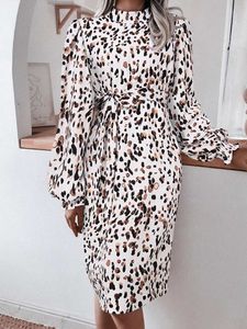 Casual Dresses Zanzea Elegant Leopard Print Sundress Women's O-Neck Long Fluffy Sleeve Party Dress Autumn Holiday Casual Vestigo Belt Robe 230410