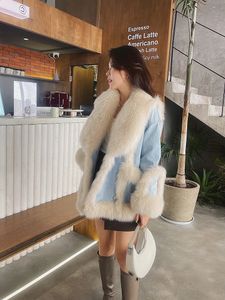 Женское джинсовое пальто с мехом из искусственного меха, зимнее молодое стильное лоскутное меховое пальто средней длины, гусиный пух, внутренняя подкладка, стиль, преодолевает 231109
