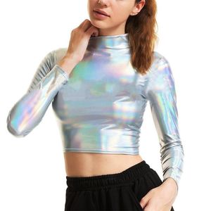 Maglietta da donna Donna Liquid Metallic Manica lunga Crop Top Dolcevita punk T-shirt olografica Top ritagliata per Rave Club Dance Camicia con collo a lupetto 230410