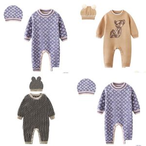 Rompers Luxury Designer Born Clothes Winter Warm Wool Knitted Bodysuit Baby Boys Jumpsuit Toddler Infant Hat 2Pcs A01 Drop Delivery Dhycu