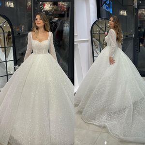 Elegant Ball Gown Wedding Dresses Square Lace Long Sleeves Applicants Backless Lace Up Chapel Gown Pleats Custom Made Bridal Gown Plus Size Vestidos De Novia