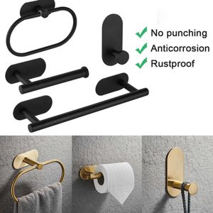 New No Drilling Stainless Steel Paper Towel Holder Adhesive Toilet Roll Paper Holder Robe Hook Towel Ring Bathroom Accessories Set