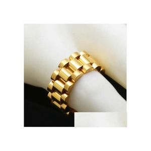 Anillos de banda Clásico Lujo 24K Chapado en oro Hombres Anillos de banda de reloj Anillo de enlace dorado de acero inoxidable Hip Hop Relojes de estilo para hombre Banda Drop de Dhmqa