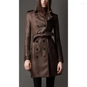 Men's Jackets Women's Brown Leather Trench Coat Genuine Lambskin Overcoat Long Winter Jacket