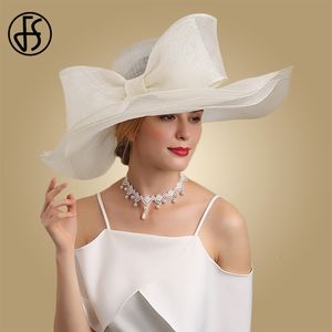Breda breim hattar hink FS Elegant svartvit fascinator för bröllopskyrka Sinamay med Big Bowknot Derby Hat Fedora Tea Party 230408