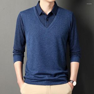 Polos masculinos primavera e outono pulôver polo gola listra contraste painel botão manga longa camiseta inferior moda casual topos