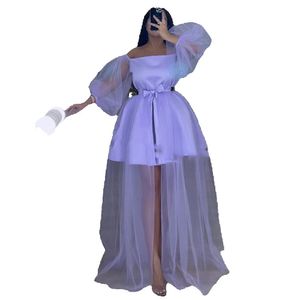 Light Purple Party Prom Dresses A-Line Off Shoulder Puff Sleeves Graduation Party Detachable Tulle Skirt Homecoming Gowns