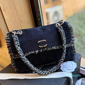 2024-Luxury Tassel Shourdell Bag Fashion Womens Leather Flap Letter Decorative Envelope Bag Winter Woolen Fabric Splice Denim Handbag Designer Small