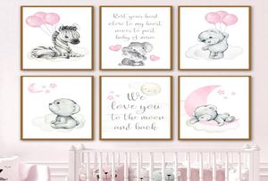 Obrazy Dekoracja pokoju dziewczynki Elephant Zebra Teddy Bear Pink Nursery Cute Wall Art Malowanie plakatów nordyckich A4110837