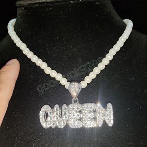Hiphop drottning isad ut bling hänge halsband män kvinnor med 5 mm vit imitation pärla choker zirkon halsband mode smycken