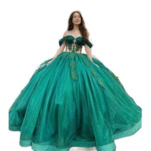 Beautiful Green Quinceanera Dresses 2022 Off The Shoulder Ball Gown Sweet 15 Prom Gowns Exposed Boning Vestidos