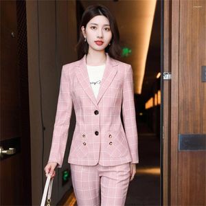 Women's Two Piece Pants Chic Plaid Formal Set 2023 In Female Casual Business 2 Elegant Office Lady Blazer Suit With Trousers