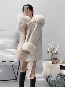 Женское пальто из искусственного меха с натуральным мехом, женская верхняя одежда больших размеров, зимняя куртка, женская куртка из натурального лисьего меха с воротником-манжетой, капюшон, кашемировая шерсть, шерстяная 231109