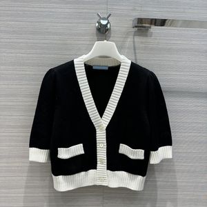 2023 Spring Black Contrast Color Embroidery Knitted Cardigan Sweater 3/4 Sleeve V-Neck Panelled Single-Breasted Sweaters Tops W3DA10