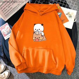 Erkek Hoodies Sweatshirts Bubu, oyun oynarken Dudu izliyor Hoodie sevimli panda ayı çizgi film sweatshirts kadınlar komik baskı kazak cep kawaii q231110