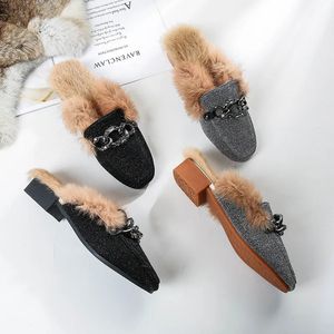 Slippare Furry Tisters Women's Winter Net Red Korean-stil All-Match Rabbit Hair Baotou Half-Slippers 231110