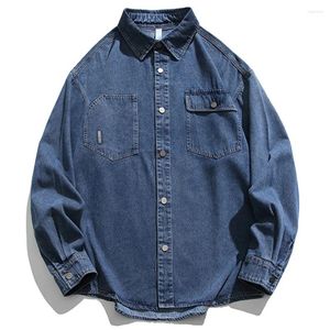 Koszule męskie vintage Blue Denim Men Button Up Bluzka Bluzka Autumn Loose Lose Tops Mężczyzna