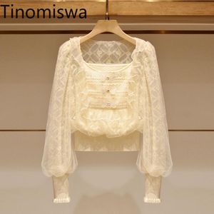 سفن النساء Tinomiswa Bow Knot Mesh Pluvers Women Coll Coll Sweet Laneve Sleeve Vintage Sueter Mujerwomen's