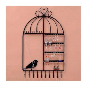 Jewelry Pouches Birdcage Shaped Earrings Necklace Copper Plated Display Stand Rack Holder Wall Mounted (Black)