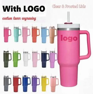 Hot Pink 40oz stainless steel tumbler with Logo handle lid straw big capacity mug water bottle powder coating outdoor camping cup vacuum insulated drinking GG1110