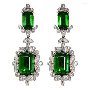 Dangle Earrings Luxury Emerald Cubic Zircon Green Gemstone For Women Bridal Wedding High Quality Silver Plated Jewelry Gift