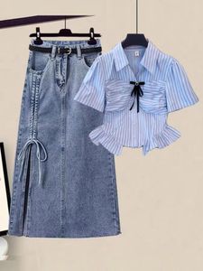 Sukienki robocze Letnie stroje dla kobiet 2023 Fashion francuskie roczniki w stylu Patchwork w paski koszule i sznurka z dzielonych spódnic dżinsowych